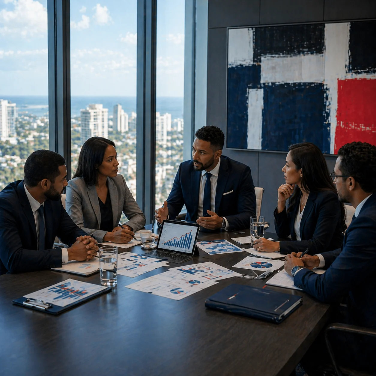 Equipo profesional trabajando en estrategia, cumplimiento y revision financiera