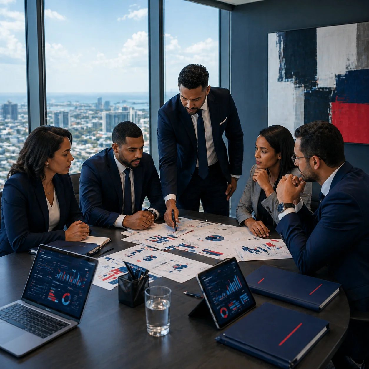 Equipo profesional revisando reportes financieros y documentos de auditoria
